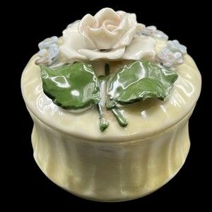 Elfinware Germany Vintage Pre 1945 Trinket Box Rose Forget Me Nots Yellow Lustre